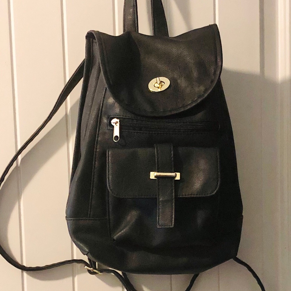 Black Faux Leather Mini Backpack Purse